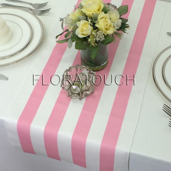 Pink Stripe Table Runner Pink and White Striped Wedding Table Runner with white stripes on the borders