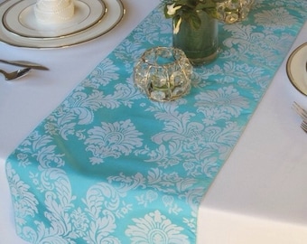 Pool blue light turquoise Flocked Damask Table Runner Taffeta Wedding Table Runner