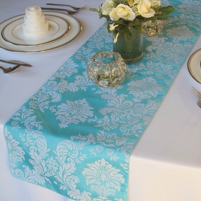 Pool Blue Light Turquoise Flocked Damask Table Runner Taffeta Etsy