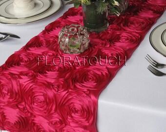 Hot Pink Satin Ribbon Rosette Wedding Table Runner