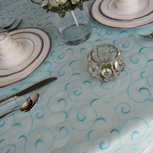 Light Turquoise Pool Blue Swirl Embroidered Organza Table Overlay