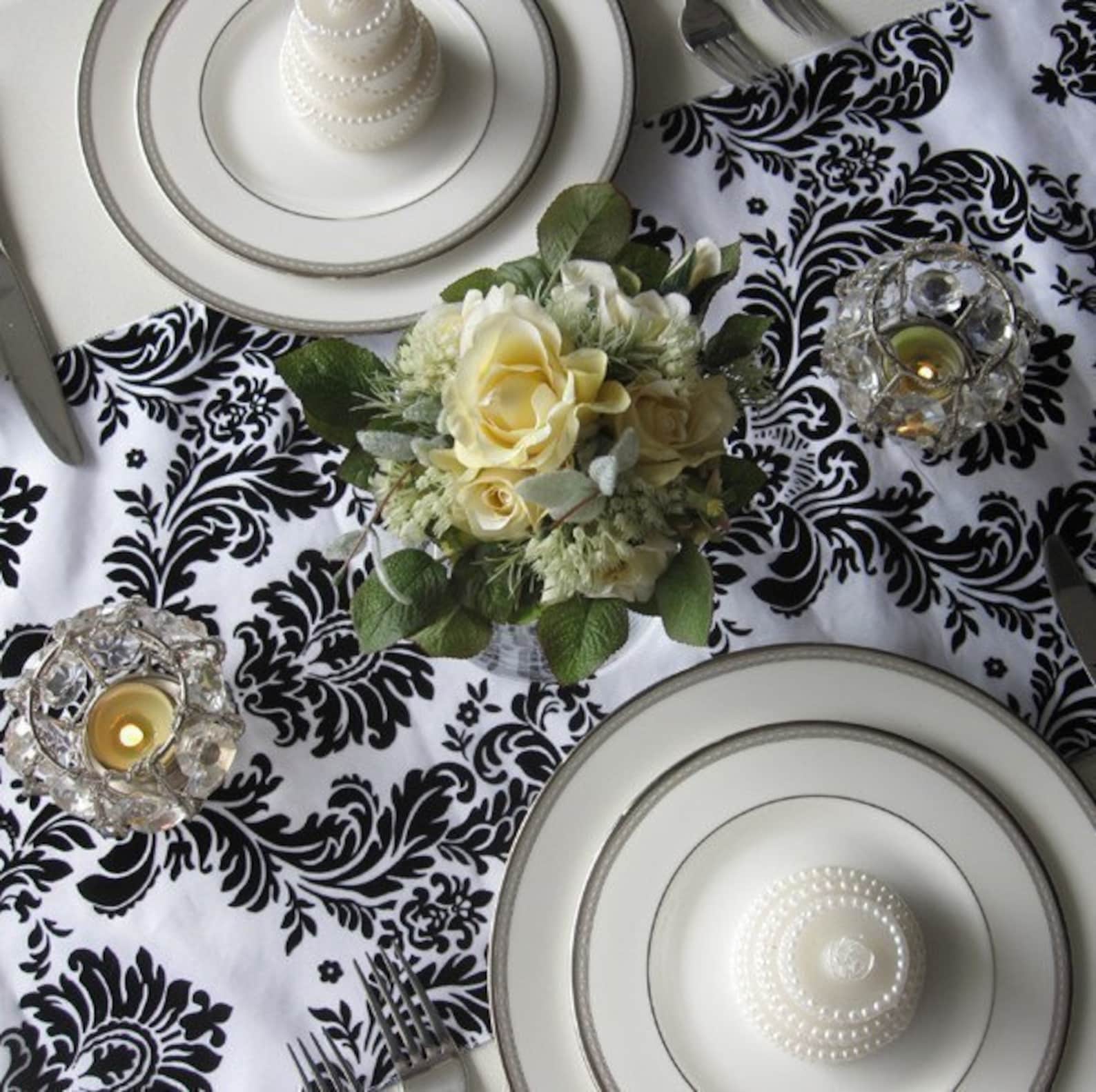 Victorian White and Black Flocked Taffeta Damask Table Runner Etsy