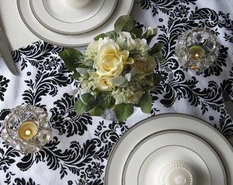 Victorian White and Black Flocked Taffeta Damask Table Runner