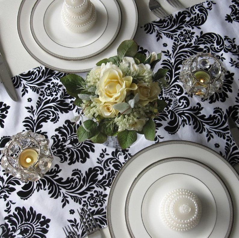 Victorian White and Black Flocked Taffeta Damask Table Runner Etsy