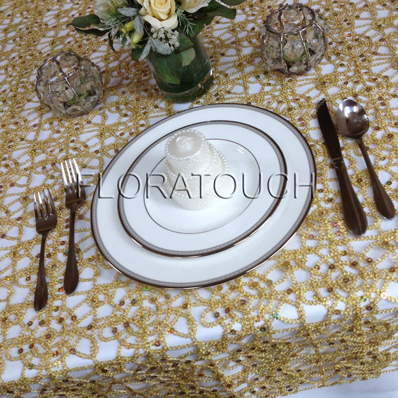 Alice Metallic Gold Lace Sequin Tablecloth Overlay image 1