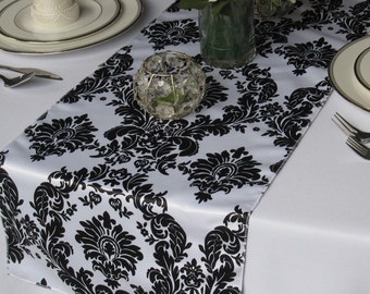 Victorian Black on White Satin Damask Table Runner