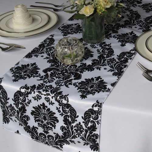 Victorian Black on White Satin Damask Table Runner Etsy