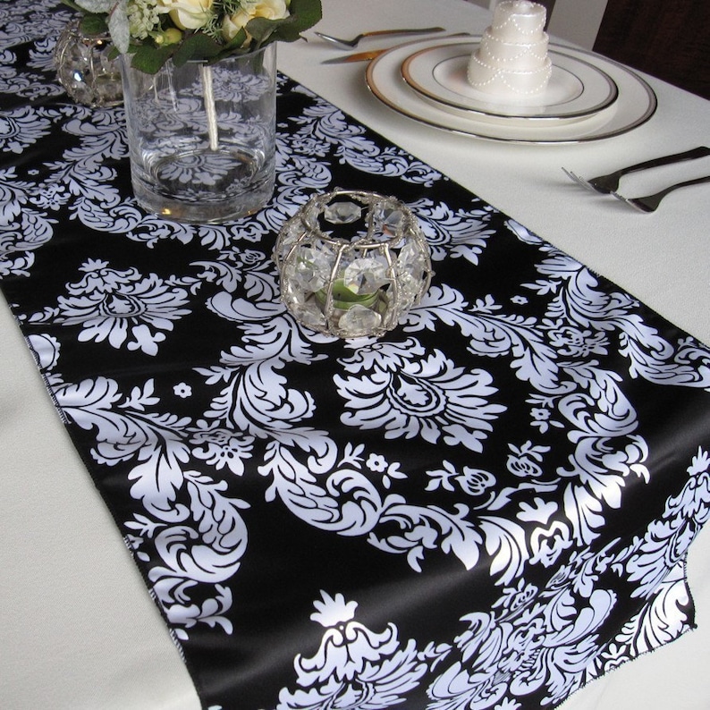 Black and White Satin Damask Table Runner Etsy