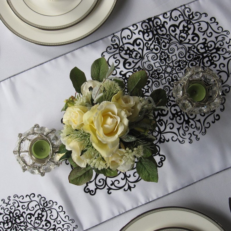 White and Black Medallion Damask Flocked Damask Table Runner Wedding Table Runner image 3