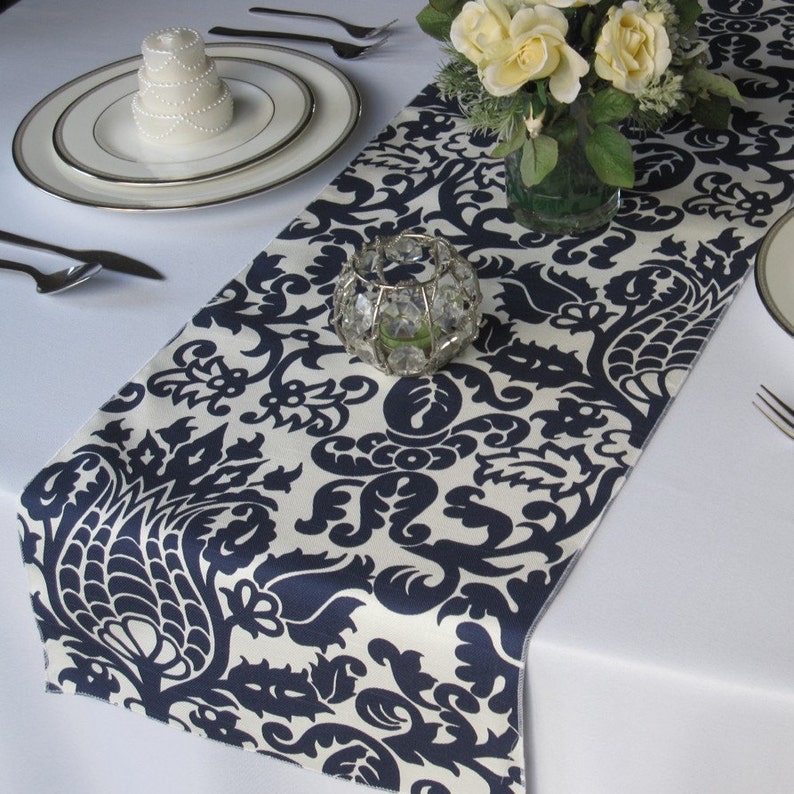 Amsterdam Navy Blue on White Damask Table Runner Etsy