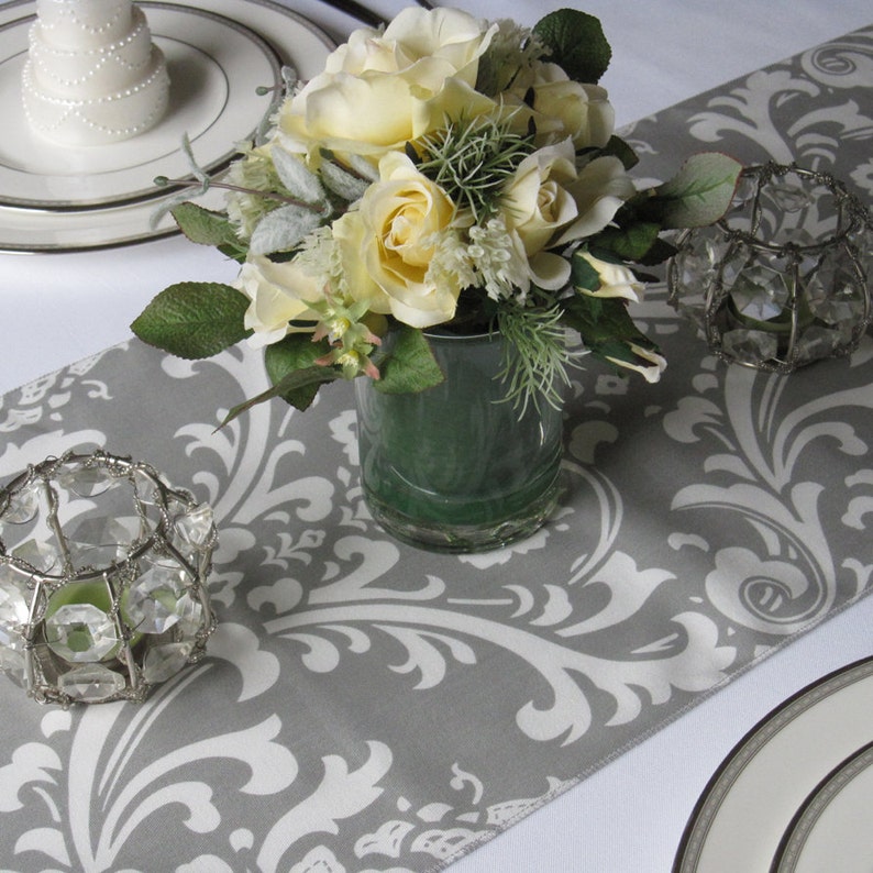 Traditions Gray and White Damask Table Runner Wedding Table Etsy