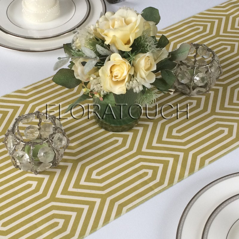 Trail Village Green and Natural Damask Table Runner Wedding Etsy