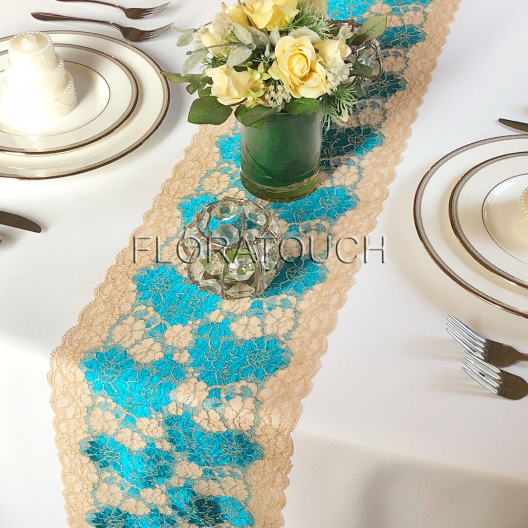 Teal and Gold Lace Table Runner Wedding Table Runner LTG01 Etsy