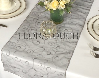 Silver Swirl Organza Wedding Table Runner