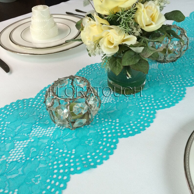 Aqua Floral Lace Table Runner With Large Scalloped Edge Style Etsy
