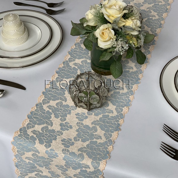 Rose Gold and Light Blue Floral Lace Table Runner Wedding Table Runner