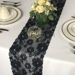 Black Lace Table Runner with Large Flowers and Scalloped Edge Style LBlk08 - Limited stock