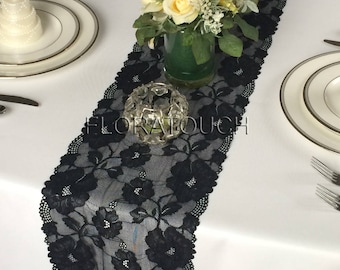 Black Lace Table Runner with Large Flowers and Scalloped Edge Style LBlk08 - Limited stock