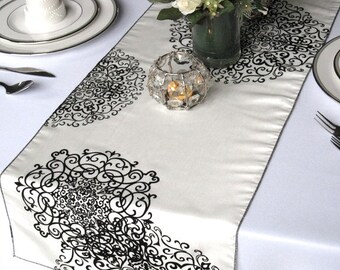 Ivory and Black Medallion Damask Table Runner Flocked Damask Taffeta Wedding Table Runner