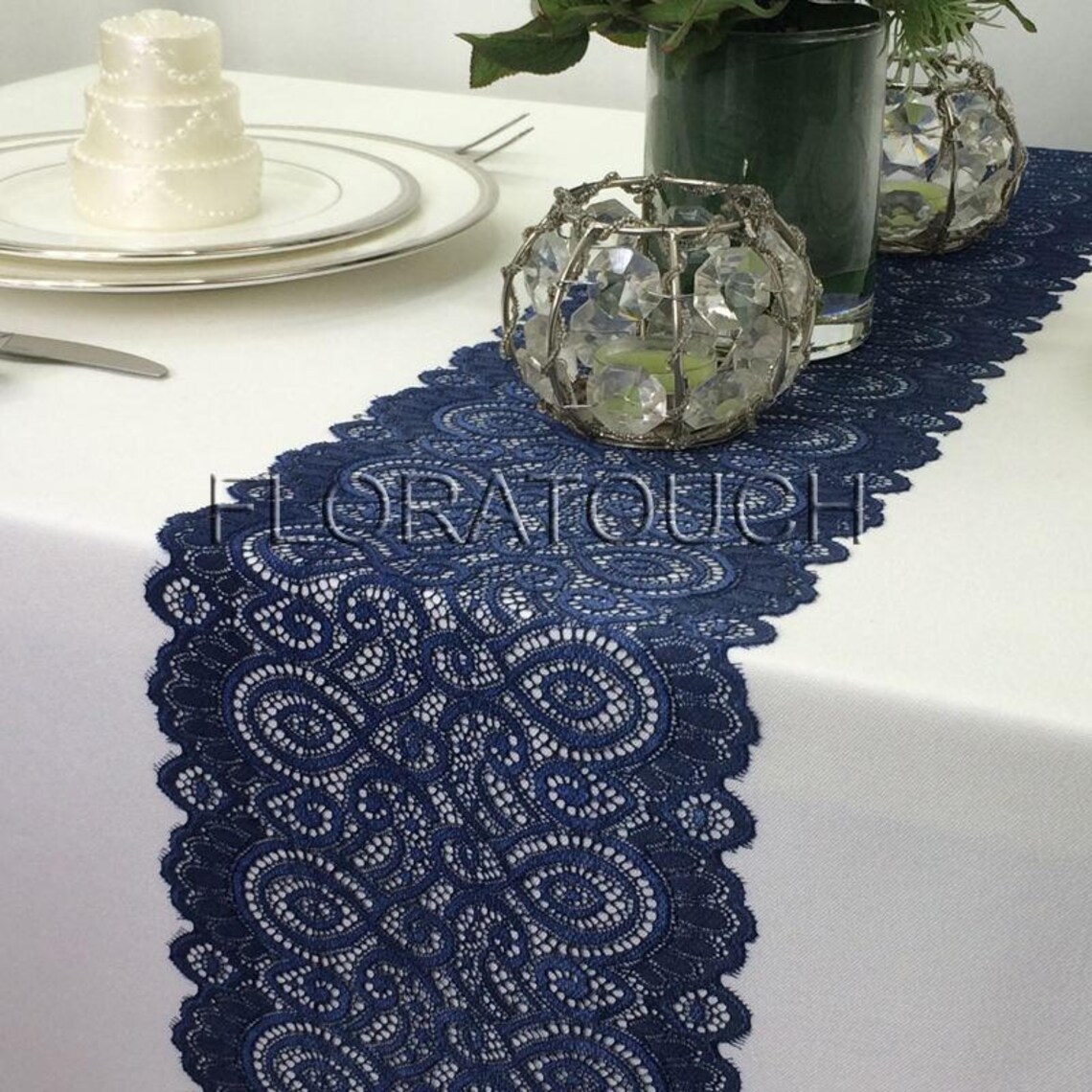 Navy Blue Lace Table Runner With Scalloped Edge Wedding Table Etsy