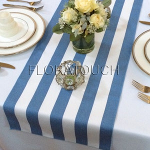 White and Blue Stripe Table Runner Wedding Table Runner with blue stripes on the borders - Limited stock