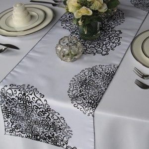 White and Black Medallion Damask Flocked Damask Table Runner Wedding Table Runner image 1