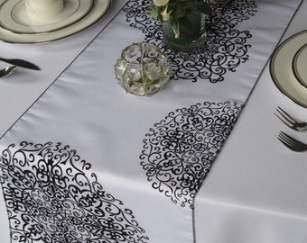 White and Black Medallion Damask Flocked Damask Table Runner Wedding Table Runner