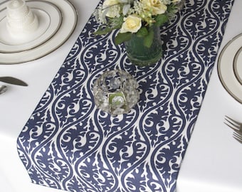 Kimono Navy and White Damask Table Runner