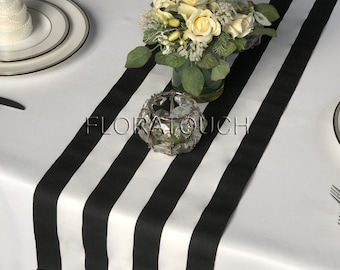 Black and White Striped Table Runner 10.5" wide with Black Stripes on the Borders