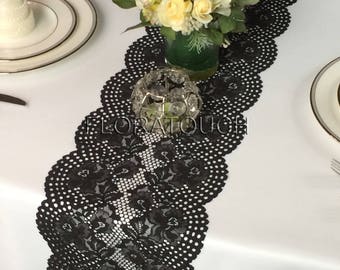 Black Floral Lace Table Runner with Large Scalloped Edge Style LBlk02