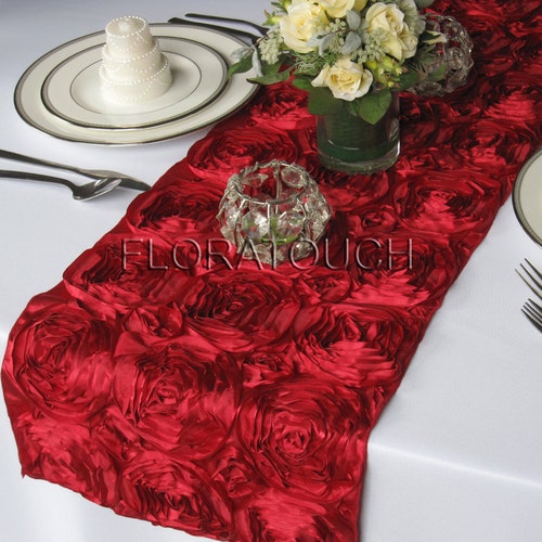 Dark Red Satin Ribbon Rosette Wedding Table Runner Etsy