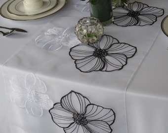 Black and White Large Flower on Sheer Organza Table Runner Wedding Table Runner