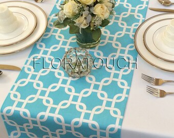 Light turquoise (Pool blue) and White Gotcha Table Runner Wedding Table Runner