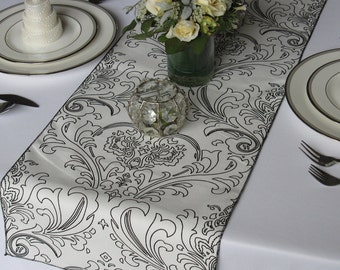 Traditions Maika White and Black Damask Wedding Table Runner