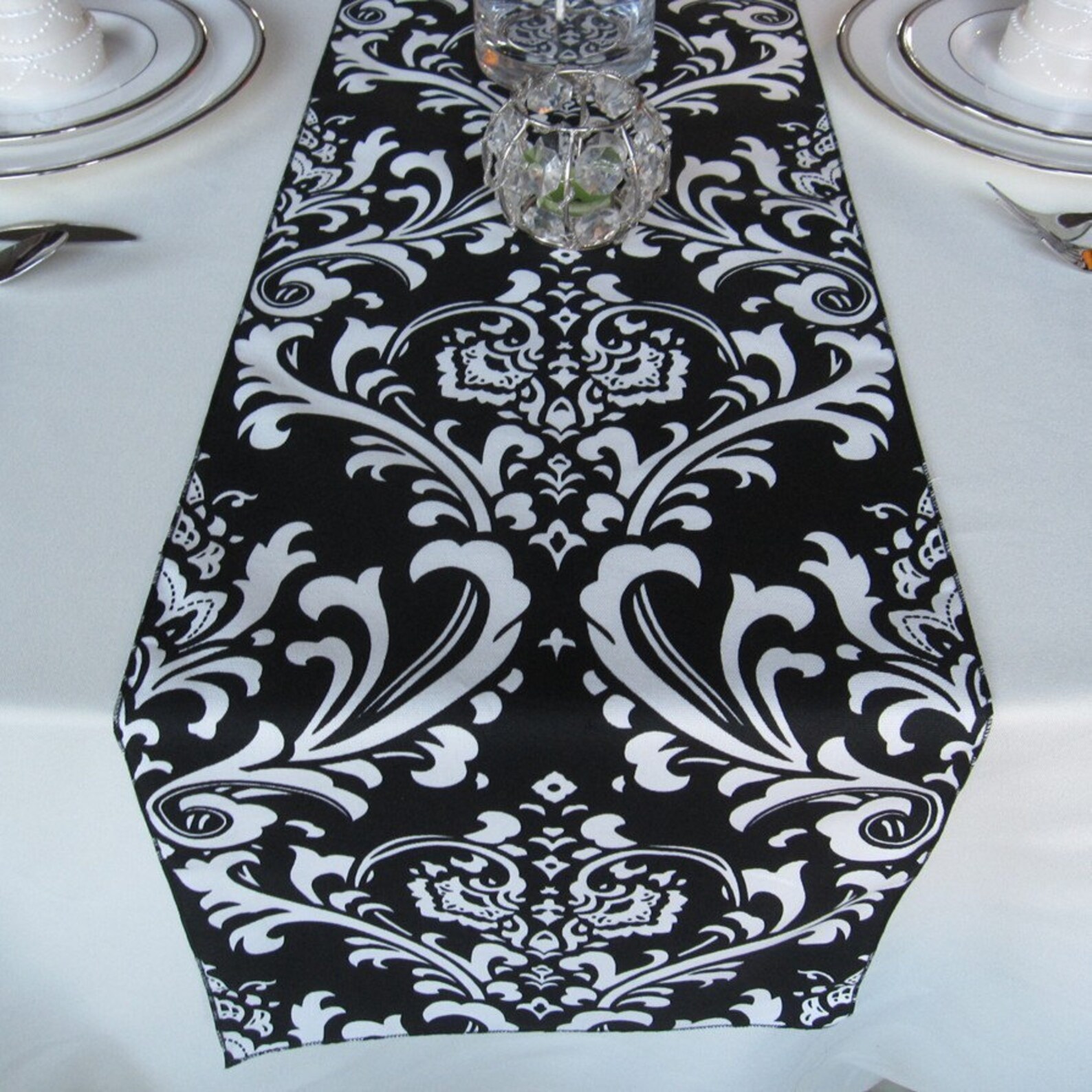 Traditions White on Black Damask Table Runner Wedding Table Etsy