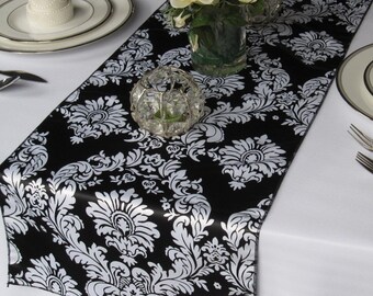 Black and White Satin Damask Table Runner