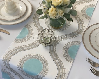 Susette Aqua Blue, Gray and White Table Runner Vintage Inspired Wedding Table Runner