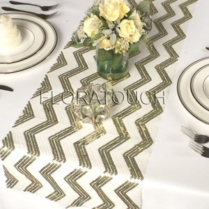 White and Bright/Yellow Gold Chevron Sequin Table Runner Wedding Table Runner image 1