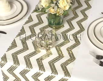 White and Bright/Yellow Gold Chevron Sequin Table Runner Wedding Table Runner
