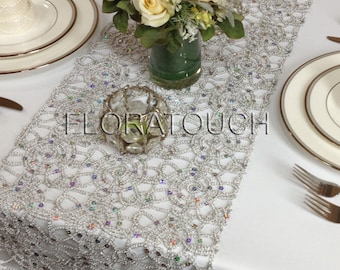 Silver Alice Metallic Lace Sequin Wedding Table Runner, Table Decor, Dining Table Runner, Bridal Shower