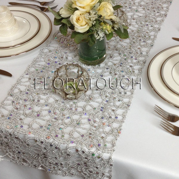 Silver Alice Metallic Lace Sequin Wedding Table Runner, Table Decor, Dining Table Runner, Bridal Shower