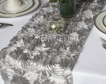 Silver Satin Ribbon Rosette Wedding Table Runner