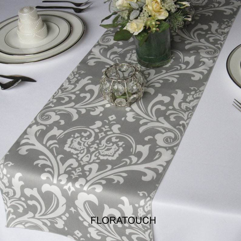 Traditions Gray and White Damask Table Runner Wedding Table Etsy
