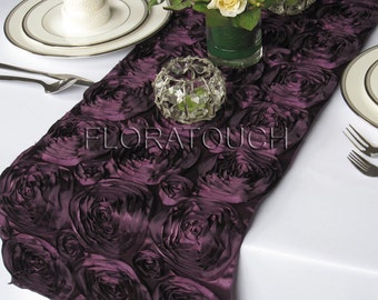 Plum Satin Ribbon Rosette Table Runner Dark Purple Wedding Table Runner