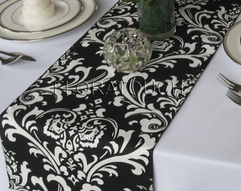 Traditions White on Black Damask Table Runner Wedding Table Runner
