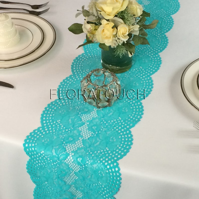Aqua Floral Lace Table Runner With Large Scalloped Edge Style Etsy