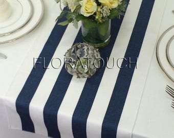 Navy Stripe Table Runner Navy and White Striped Wedding Table Runner with white stripes on the borders