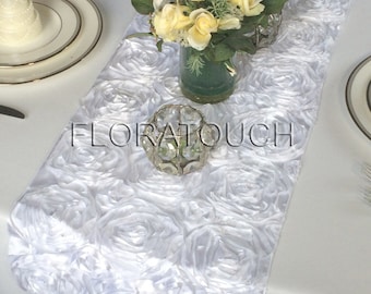 White Satin Ribbon Rosette Wedding Table Runner