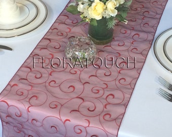 Burgundy Swirl Organza Table Runner Wedding Table Runner