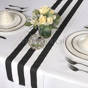 Black and White Striped Table Runner 10.5&quot; wide with White Stripes on the Borders